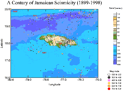 Figure 2.5 Felt earthquakes in Jamaica 1880 to 1960, Modified Mercalli 