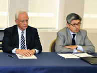 Presidenta de la CIDH, Presidente de la Corte Suprema de Justicia de México, y Embajador de México ante la OEA, durante la ceremonia de firma del acuerdo