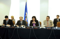 De izquierda a derecha: Comisionado Paolo G. Carozza, Comisionado Víctor Abramovich (Primer Vicepresidente), Comisionada Luz Patricia Mejía Guerrero (Presidenta), Comisionado Florentín Meléndez.