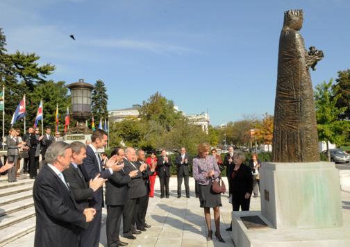 Infanta Cristina of Spain Unveils Restoration of Statue of Isabella I of Castile at OAS