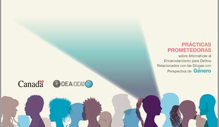 Graphic design featuring silhouettes of people, with a text that reads “Promising practices on alternatives to incarceration for drug-related crimes with a gender perspective,” and logos of CICAD/OAS and the Government of Canada.