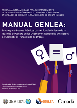 Portada del informe con un fondo púrpura, con tres manos portando signos: el ícono de mujer a la izquierda, el signo de igual, y el ícono de hombre a la derecha.