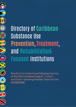 Blue background, flags of 14 OAS Member States of the Caribbean, logos of CICAD and US Department of State