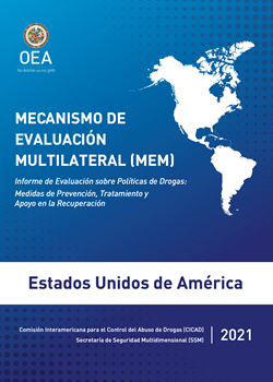 Portada del informe en color azul, un continente de las Américas en color blanco, logo de la OEA.
