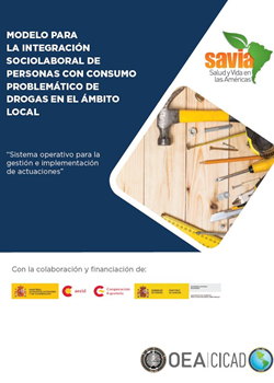 Portada con título, logo de SAVIA, de la CICAD-OEA y de AECID. Imagen de varias herramientas de trabajos manuales.