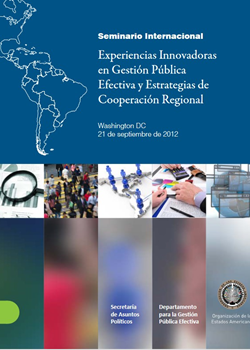 Portada en azul, mapa de las Américas, logo OEA, título, 5 fotos pequeñas
