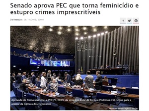Senado de Brasil aprueba una propuesta de enmienda constitucional que hace de los delitos de femicidio y violación sexual crímenes imprescriptibles