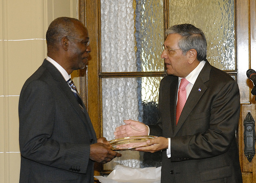 Leonidas Rosa Bautista, Chair of the OAS Permanent Council and Permanent Representative of Honduras to the OAS presents to Michael Louis, Ambassador, Permanent Representative of Saint Lucia to the OAS(June 28, 2012)