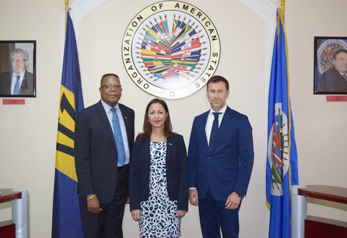 OAS Representative in Barbados, Mr. Francis McBarnette meet with Ms. Nadia Cherrouk, the Pan American Development Foundation (PADF) Representative to Haiti and Mr. Frederic Bolduc, the OAS Special Representative to Haiti on their official mission to Barbados.(April 11, 2017)