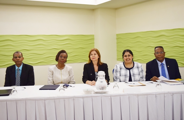 Head table at the Pre-Forum Training for Youth Leaders, OAS Country Representative Francis McBarnette, Shavangi Sutaria USINL, Angela Crowdy, CICAD,Deborah Payne, Permanent Secretary  Ministry of Home Affairs  and Hadford Howell,Chairman of the Board National Council on Substance, (NCSA)(May 21, 2019)