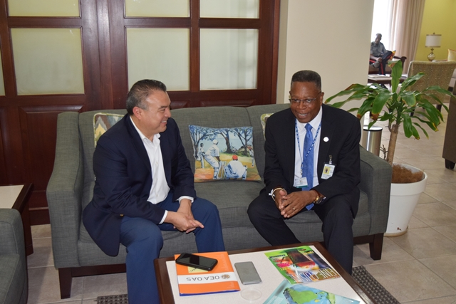 OAS Country Representative Francis McBarnette  meets with Assistant Secretary General, His Excellency Nestor Mendes as he arrives for the closing of the Eighth Inter-American Meeting of Ministers of Culture and Highest Appropriate Authorities at the Barbados Hilton Barbados Sept 20, 2019(December 20, 2019)