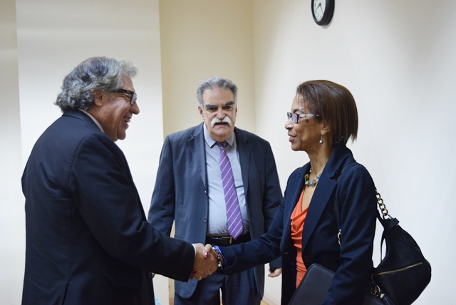 The Secretary General of the OAS H.E. Luis Almagro (left) greet Ms. Ann Marie Blackman, OAS / IIN Coordinator  with Director General of  Inter-American Children's Institute (IIN) Prof. Victor Giorgi at the Erskine Sandiford Conference Center, Sept 19 2017(September 19, 2017)