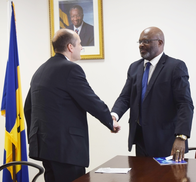 Ambassador Adam  Namm, Executive Secretary , Inter-American Drug Abuse Control Commission (CICAD) of the Organization of American States (OAS) pay a courtesy call on, Hon.  Adriel Brathwaite, Attorney General and Minister of Home Affairs,at the Office of the Attorney General, along with Mr. Francis McBarnette, OAS Barbados Representative Feb 6, 2018.(February 6, 2018)