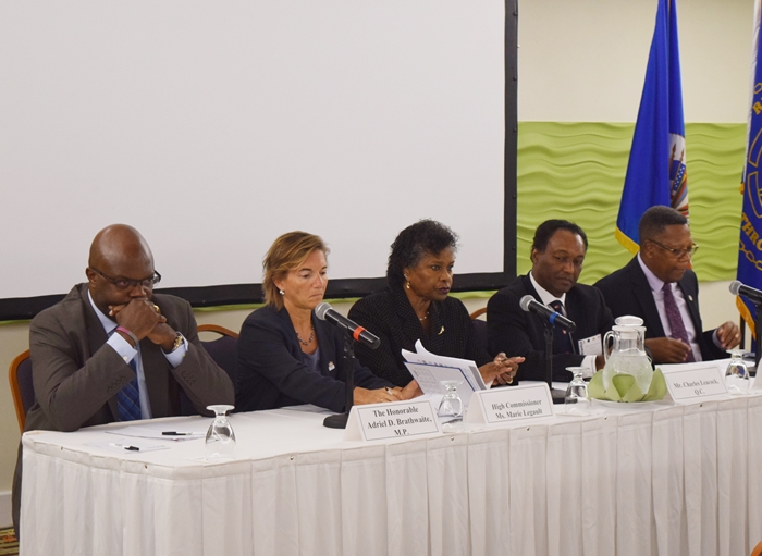 From left to right Hon. Adriel Brathwaite Attorney General of Barbados, Ms. Marie Legault, Canada High Commissioner to Barbados, Chief Justice (ag) Justice Sandra Mason, Director of Public Prosecution Mr. Charles Leacock and OAS Representative in Barbados Mr. Francis McBarnette at the OAS Anti-Money Laundering Workshop for Judges and Prosecutors, Radisson Resort Barbados, May 22-24 2017.(May 22, 2017)
