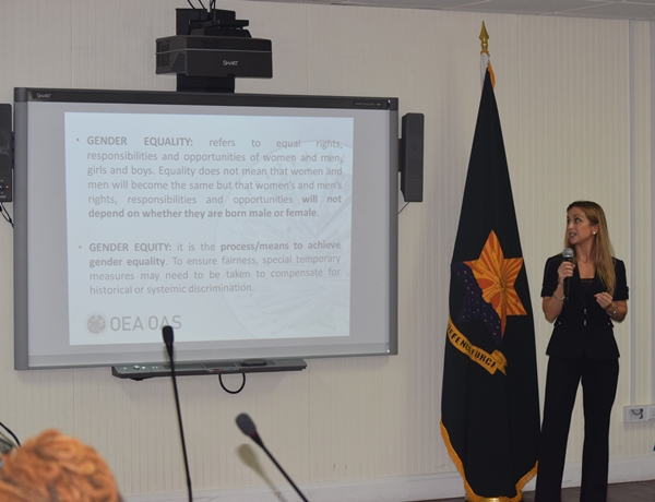Presentation and discussion by Project Manager Supply Reducation Unit (CICAD/OAS) at the National workshop on gender equality in counter-drug enforcement agencies GENLEA/OAS CICAD, at the Barbados Defence Force, St. Ann's Fort the Garrison(December 12, 2018)