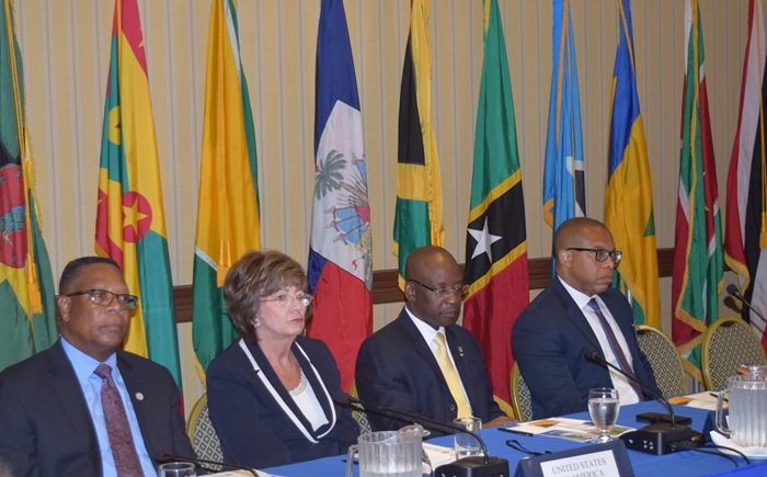 From left to right Mr. Francis McBarnette OAS Barbados Representative, H.E. Lindia Taglialatela, US Ambassador to Barbados, Eastern Caribbean and the OECS, Hon. Steven Lashley,  Minister of Culture, Sports and Youth of Barabdos and Mr. Richard Campbell, Section Chief, Office of Tourism OAS Washington at the OAS Expanding the Socio - Economic Potential of  Cultural Heritage in the Caribbean Phase II,  Showcase of Project Components May 4-5, 2017 at the Hilton Barbados.(May 4, 2017)