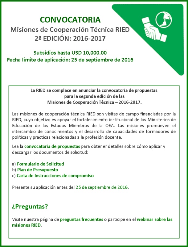Convocatoria: Misiones de Cooperación OEA-SEDI-RIED 2016-2017(15 de agosto de 2016)