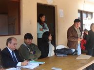 Commissioner Víctor Abramovich, then Rapporteur on the Rights of Indigenous Peoples, and Commissioner Luz Patricia Mejía, then IACHR Chair and Rapporteur for Bolivia, receive testimony at a meeting of the Assembly of Guaraní Peoples (APG).